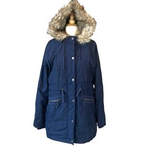 Aeropostale Navy Utility Parka Jacket with Faux Fur Trim